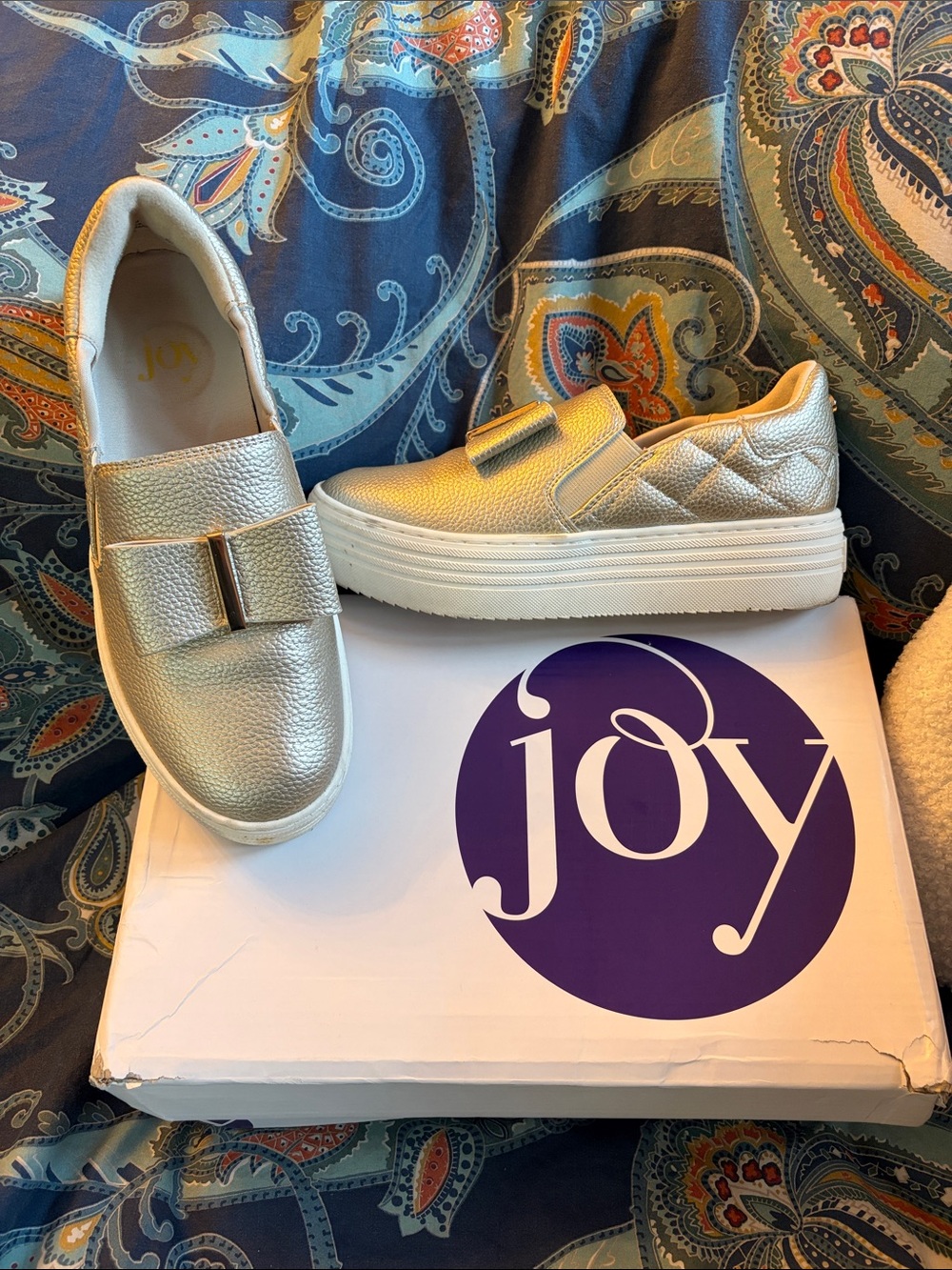 Joy Mangano Metallic Silver Quilted Slip-On Platform Sneakers